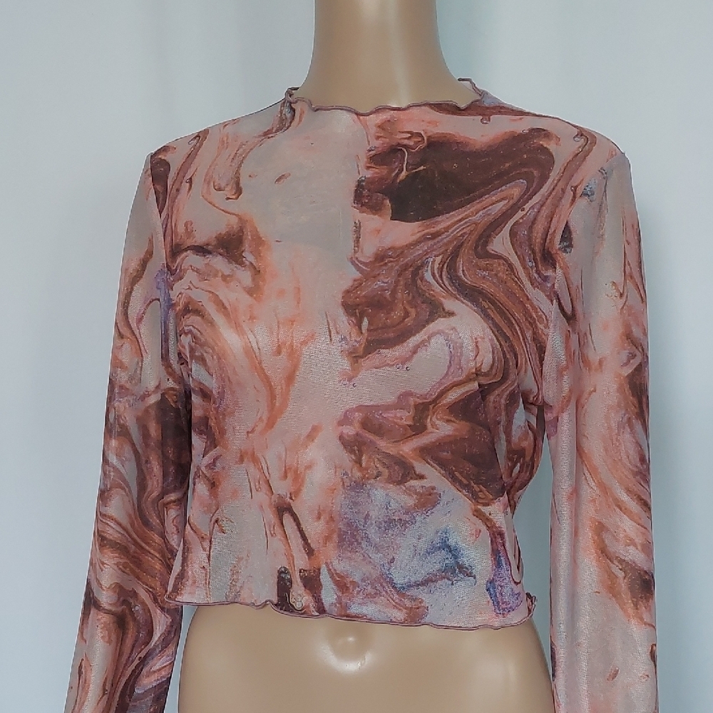 SHEIN Marble Juniors Print Sheer Crop‎ Top - Pink and Brown Size XL